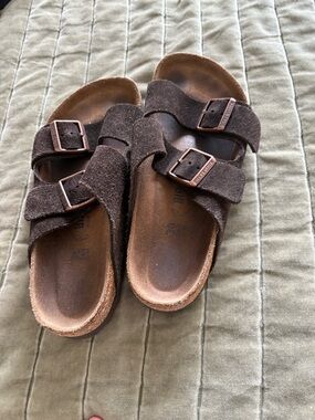 Birkenstock Brown Suede Two‑Strap Sandals with Copper Buckles